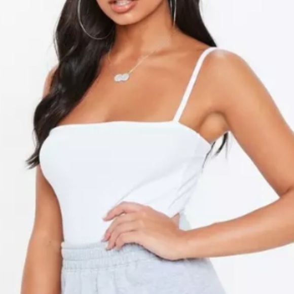 Missguided Women 6 White Ribbed Spaghetti Straps Straight Neck Bodysuit NWT - Picture 1 of 14